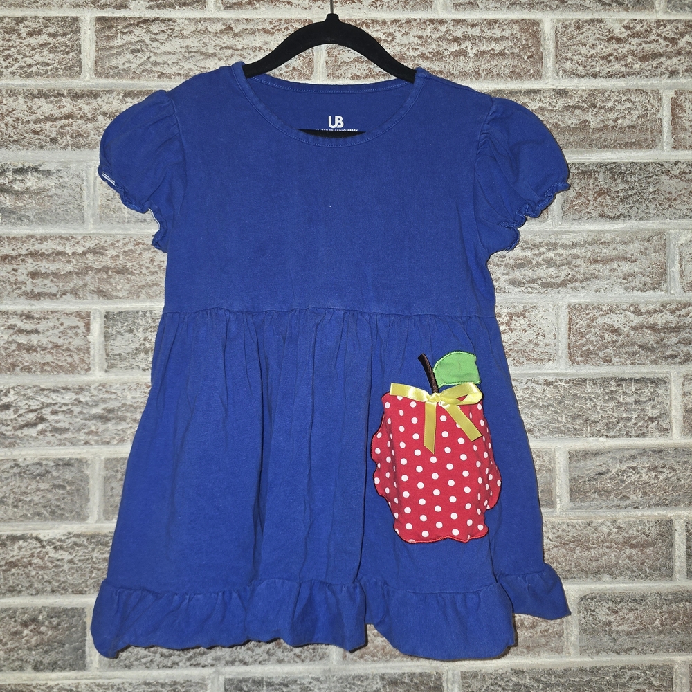 Blue Kids Dress with Red Apple Design